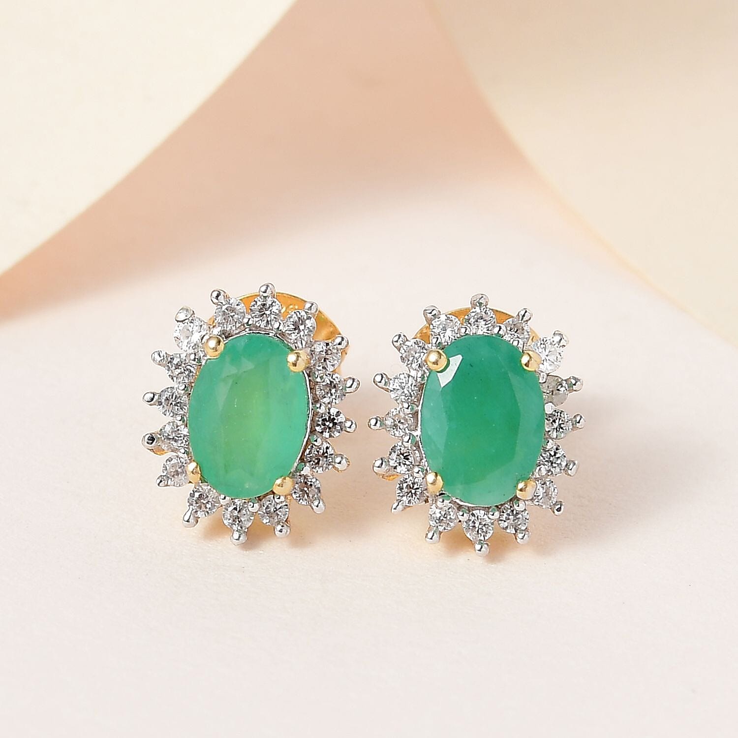 Emerald and Natural Zircon Halo Stud Earrings in 18K Vermeil Yellow Gold Plated Sterling Silver 2.44 Ct
